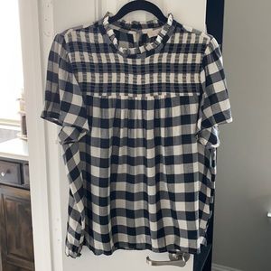Loft • black/ivory checked, smock neck top. Sz L